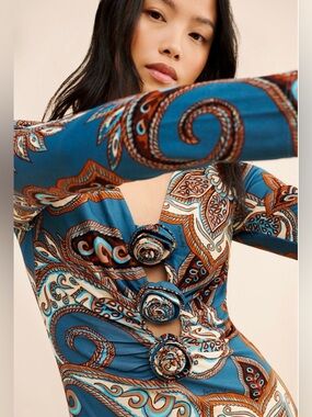 FARM Rio Blue Paisley Long-Sleeve Midi Dress with Decorative Rosette Buttons